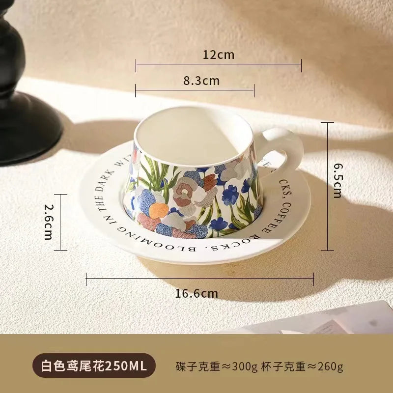 Coffee Cup Bohemian Style Coffee Cup  Saucer Set Flowers and Plants Afternoon Tea Cup and Dish Set