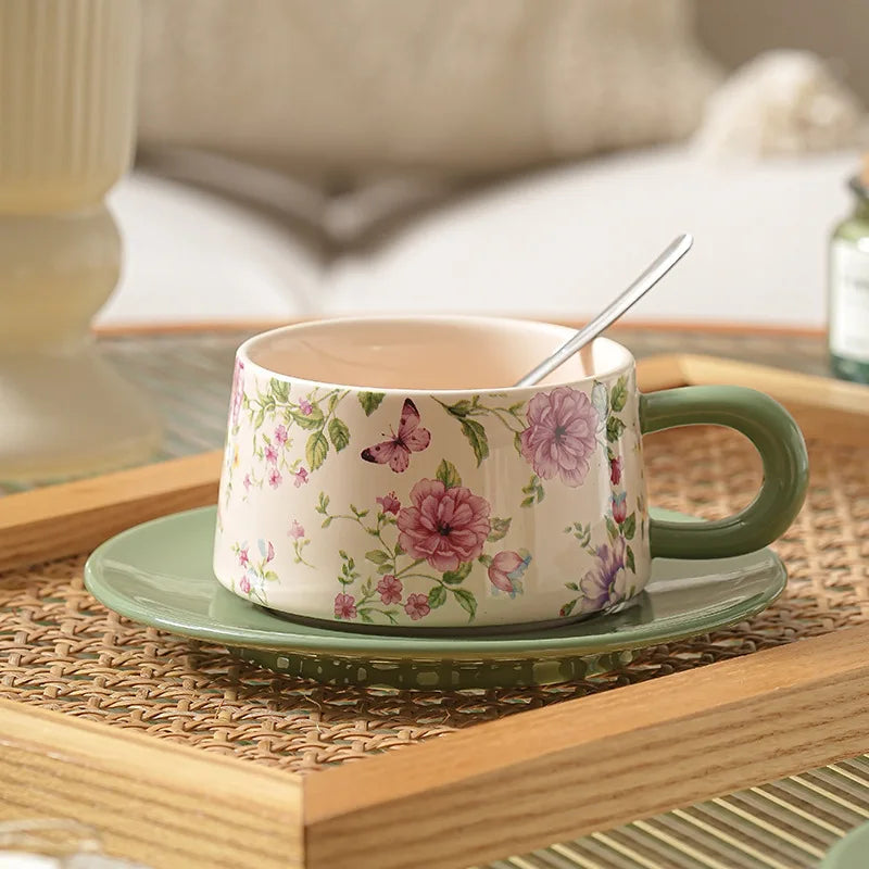 Coffee Cup Bohemian Style Coffee Cup  Saucer Set Flowers and Plants Afternoon Tea Cup and Dish Set